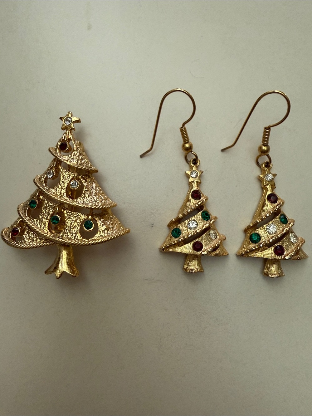 Gold-Tone Christmas Tree Brooch and Earring Set - Festive Holiday Jewelry